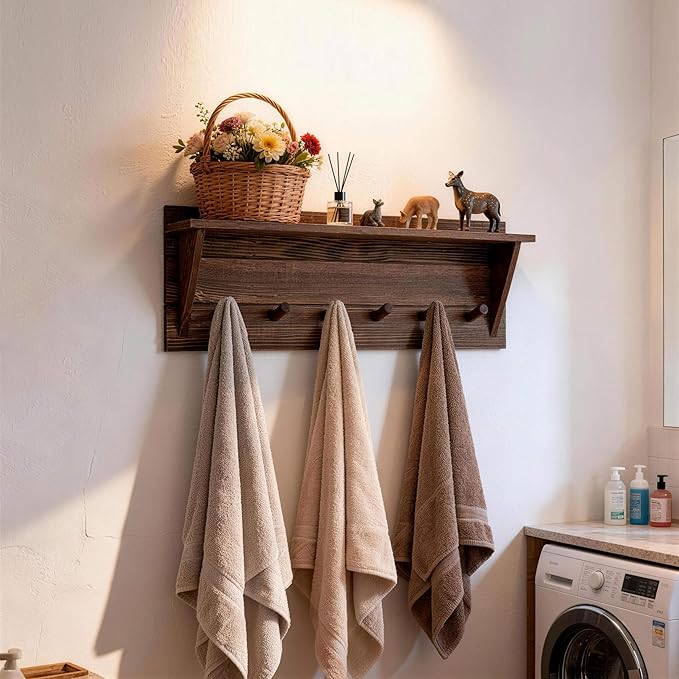 WEBI Coat Rack Wall Mount with Shelf,24" Long Entryway Wall Shelf with Hooks Underneath,6 Peg Hooks for Hanging Coats,Caps,Jacket,Clothes,Brown