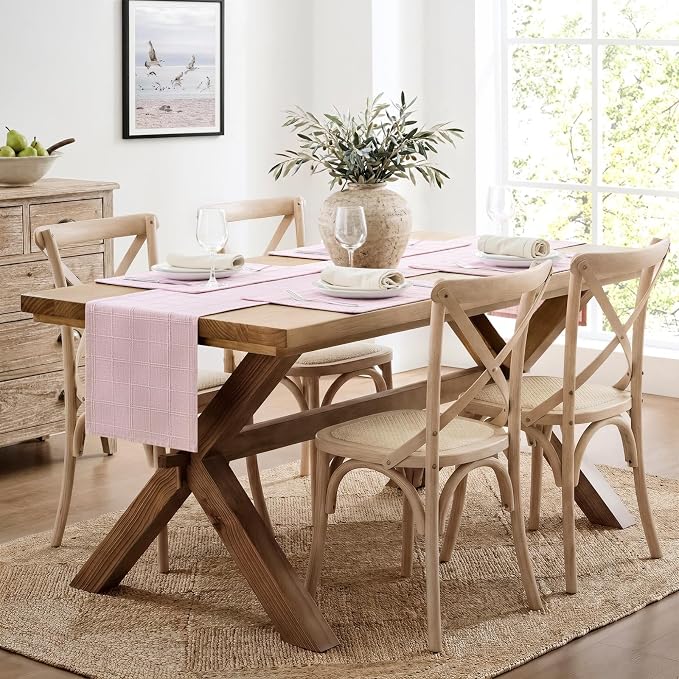 ZeeMart Linen Checked Farmhouse Table Runner, 13x60 Inches Pink | Raised Grid Design, Rich Woven Texture, Linen Blend Table Runners 60 Inches Long, Machine Washable, Boho Home Kitchen Decor