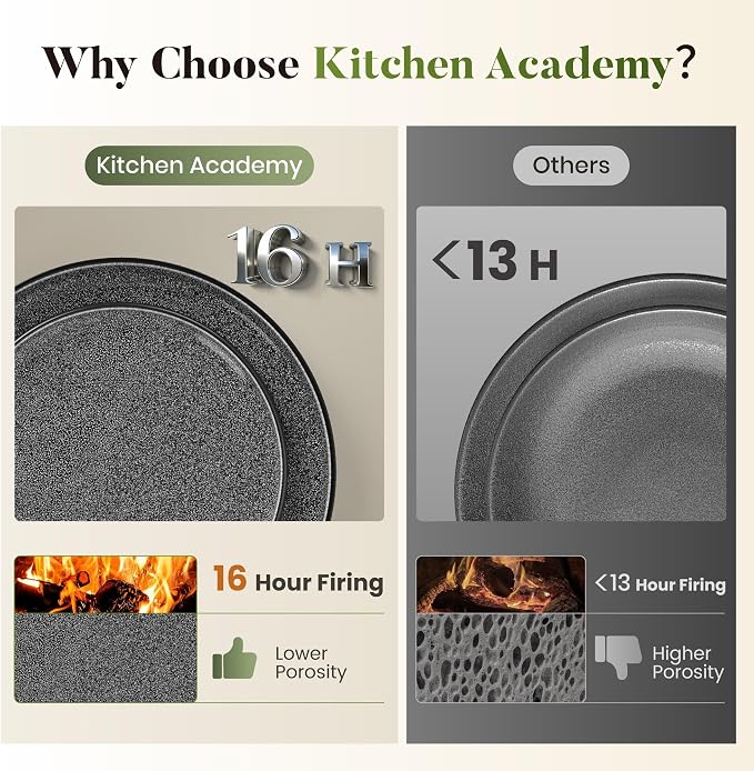 Kitchen Academy Fluted Ceramic Dinnerware Sets for 4, 16Pcs Stoneware Plates and Bowls Sets Non Toxic, Black Dishes Set, Oven & Microwave & Dishwasher Safe