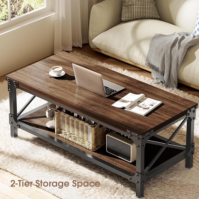 Rectangle Coffee Tables for Living Room, Wood Rectangular Coffee Table, 2 Tier Dark Brown Modern Center Table with Thickened Tabletop and Metal Frame, 47 inch Long (Walnut)