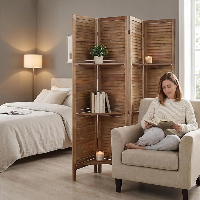 Bluecat 4 Panel Room Divider with Shelves,64" W x 67" H Foldable Privacy Screen, Freestanding Solid Wood Partition Wall for Home Office Bedroom, No Assembly Required,Dark Brown