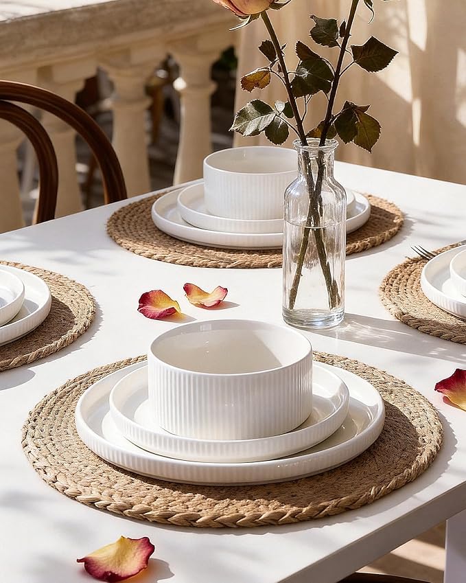 Star 12-Piece Plates and Bowls Set, Porcelain Dinnerware Sets for 4 Service, Modern Dish Set-Chip and Scratch Resistant, Dishwasher & Microwave Safe, White