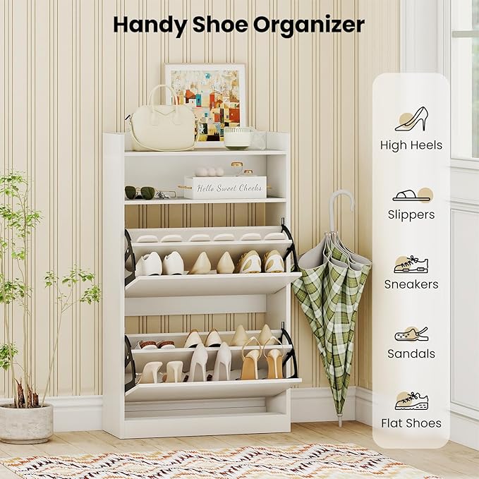 Giantex Shoe Cabinet with 2 Flip Drawers, Freestanding Narrow Shoe Organizer Cabinet with 2 Open Shelves, Slim Shoe Storage Cabinet for Entryway, Hallway, Foyer, White