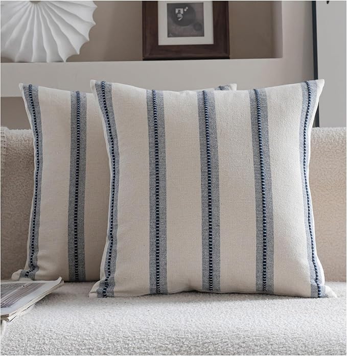 Cethom Boho Throw Pillow Covers 18x18 Set of 2, Navy Blue Striped Decorative Pillow Cases for Couch Chair Bed, Textured Farmhouse Modern Accent Cushion Covers for Living Room Bedroom Sofa Home Decor