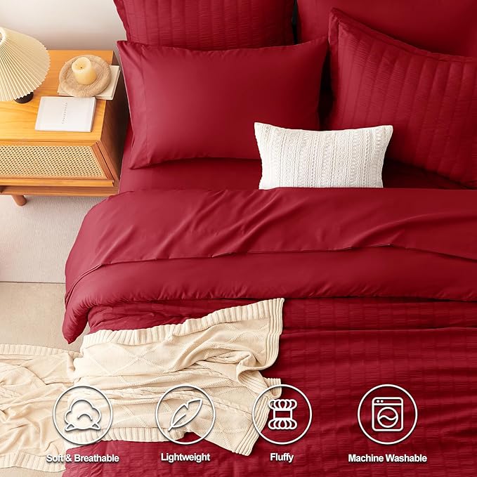 CozyLux Twin Comforter Set with Sheets 5 Pieces, Dark Red Seersucker Textured Bed in a Bag for Bedroom, Luxury Soft Bedding Sets with Down Alternative Comforter, Sheets, Pillowcase & Sham All Seasons