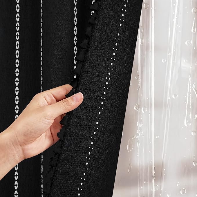 BTTN 3 in 1 Shower Curtain with Liner, 84 Extra Long Boho Linen Striped Cloth Shower Curtain Set with Hook, Tall Farmhouse Bohemian Waterproof Fabric Shower Curtain for Bathroom,Black and White, 72x84