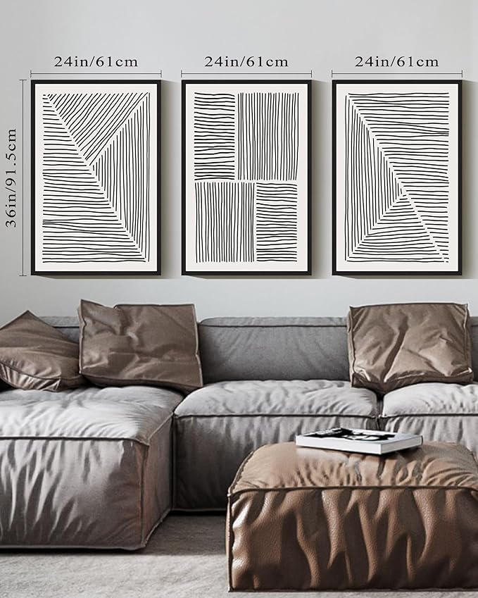 Drsoum Mid-Century Modern Framed Wall Art Large 24x36in Minimalist Abstract Boho Black Line Wall Decor Geometric Artwork Kitchen Dining Room Black Framed