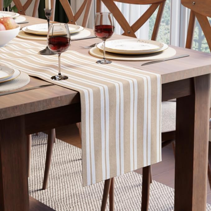 Encasa XO Cotton Dining Table Runner | Franca Beige Stripes | Size 13x72 in - Machine Washable & Durable