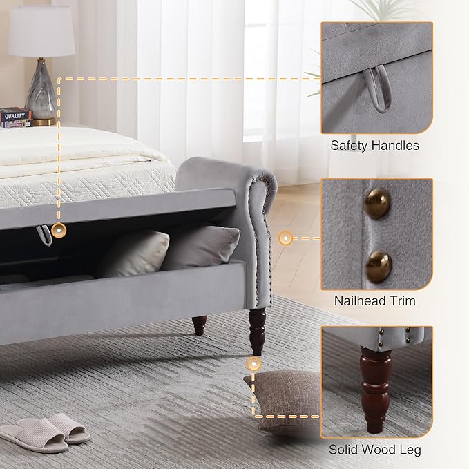 67" End of Bed Bench King Size, Storage Bench for Bedroom Foot of Bed, Velvet Bed Bench with Storage, Upholstered Tufted Bench with Arms for Bedroom, Living Room, Entryway, Grey