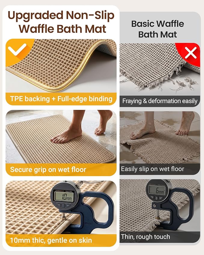 Furicher Upgraded Non Slip Waffle Bath Mat, Super Absorbent Bathroom Rugs, 20x30 inch Boho Decor Kitchen Rug, Soft & Machine Washable Bathroom Floor Mat for Tub, Sink, Vanity, Entryway (Brown)