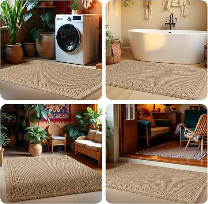 Upgrade Waffle Bath Mat Set 2 Piece, Boho Bathroom Rugs Absorbent Non Slip, Soft Bathroom Mats, Machine Washable Knit Bath Rugs with Herringbones for Bathroom, Bedroom, Kitchen, Shower, Tub, Beige