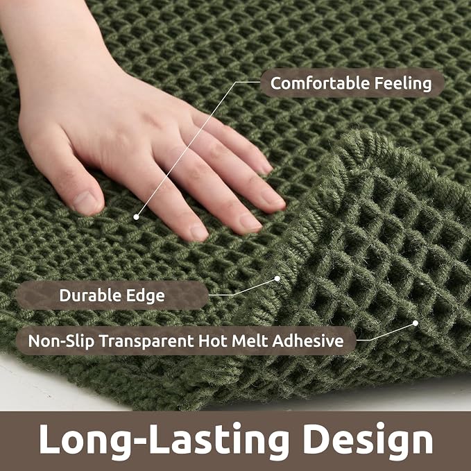 AMOAMI Waffle Bath-Mat, Absorbent Bath Mats for Bathroom Non Slip, Machine Washable Bathroom Rugs with Tassels Ultra Soft Boho Bath Rugs for Floor 24"x36" Dark Green