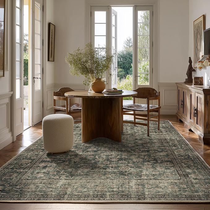 Washable Living Room Area Rug: 6x9 Area Rugs for Bedroom Vintage Stain Resistant Non Slip Low Pile Lightweight Boho Carpet for Kitchen Dining Room Farmhouse Kids Room Nursery