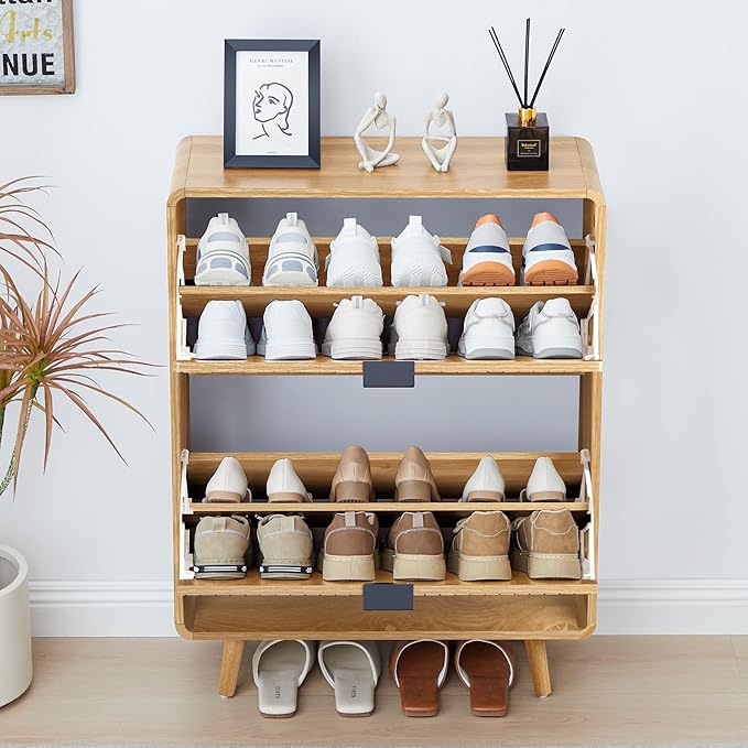 FurSch Fluted Shoe Cabinet Storage for Entryway,Slim Shoe Cabinet with 2 Flip Drawers, Narrow Shoes Rack Organizer (All Natural, 2 Drawers)