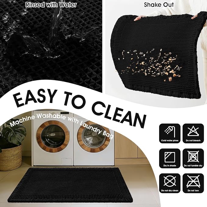 Upgraded Waffle Bath Mat, 32"x20" Black-Bordered, Super Absorbent Non-Slip Quick Dry Bathroom Rugs with Tassels, Machine Washable Ultra Soft Boho Bath Rugs for Floor, Toilet Mats Boho Farmhouse Decor