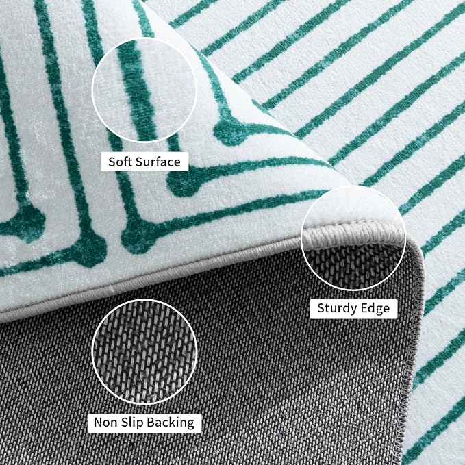 YIHOUSE Modern Washable 6ft Round Rug for Living Room, Green and White 6x6 Circle Rugs for Bedroom Non Slip Non Skid, Striped Carpet for Dining Room Playroom Home Office Decor