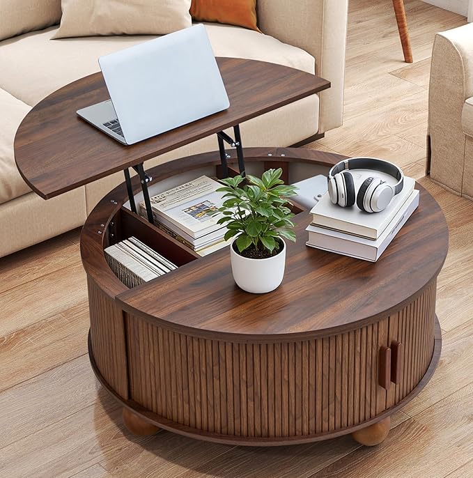 Round Lift Top Coffee Table with Hidden Storage, 33.5'' Mid-Century Modern Fluted Coffee Table with Sliding Tambour Door & Solid Wood Legs, Circle Center Table for Living Room, Small Space (Walnut)