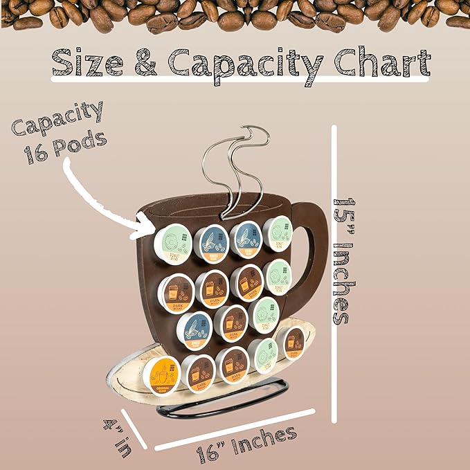 Made Easy Kit Front Facing Countertop Coffee Pods Holder - Compatible with K-Cups Practical meets Whimsical - Coffee Bar Decor for Home Café Kitchen Nook (Brown Coffee Cup)