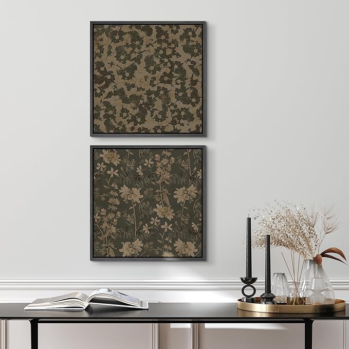 SIGNFORD Framed Canvas Print Wall Art Set Botanical Floral Rustic Beige Flowers Modern Art Nordic Relax/Calm for Living Room, Bedroom, Office - 24"x24"x2 Black