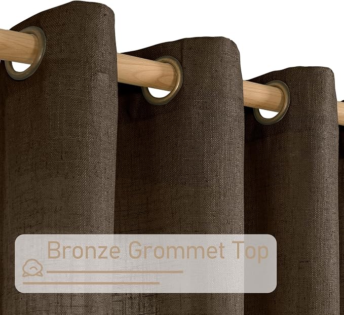 LAMIT 40 Inch Linen Curtains for Kitchen Windows, Semi Sheer Light Filtering Panels Bronze Grommet Neutral Drapes for Bathroom/Cafe, 2 Panels Set, Dark Brown, 34 x 40 Inch