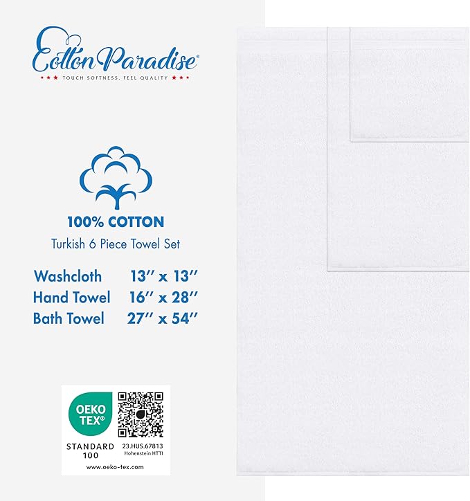 Cotton Paradise 100% Cotton Turkish Towel Set, Soft Absorbent Quick Dry, 6 Piece Towel Set, Snow White