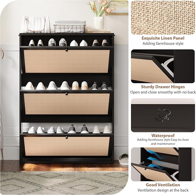 Narrow Shoe Storage Cabinet, 31.5" Slim Shoe Organizer with 3 Flip Drawer, Modern Hidden Shoes Cabinet for Entryway, Non-Divider Drawer Wood Shoe Storage for Hallway, Living Room (Black)