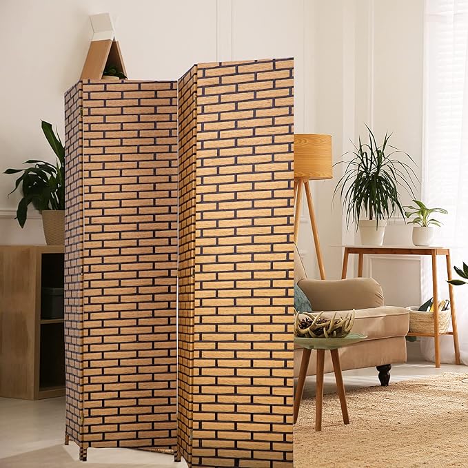 Room Divider Wood Screen 4 Panel Wood Mesh Woven Design Room Screen Divider Folding Portable Partition Screen Screen Wood for Home Office (Brick)