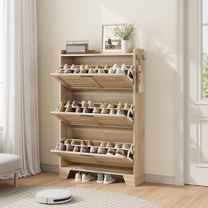 IDEALHOSUE Shoe Cabinet Storage for Entryway, Slim Shoe Storage Cabinet with 3 Flip Drawers, Freestanding Hidden Narrow Shoe Organizer Cabinet with Hooks for Entrance, Foyer, Hallway, Light Oak