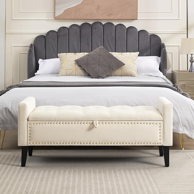 WUTUTUEE 47" Velvet Storage Bench, Upholstered Bed Bench with Storage, End of Bed Ottoman with Wooden Legs,Bedside Storage Bench for Bedroom, Living Room, or Entryway, Beige