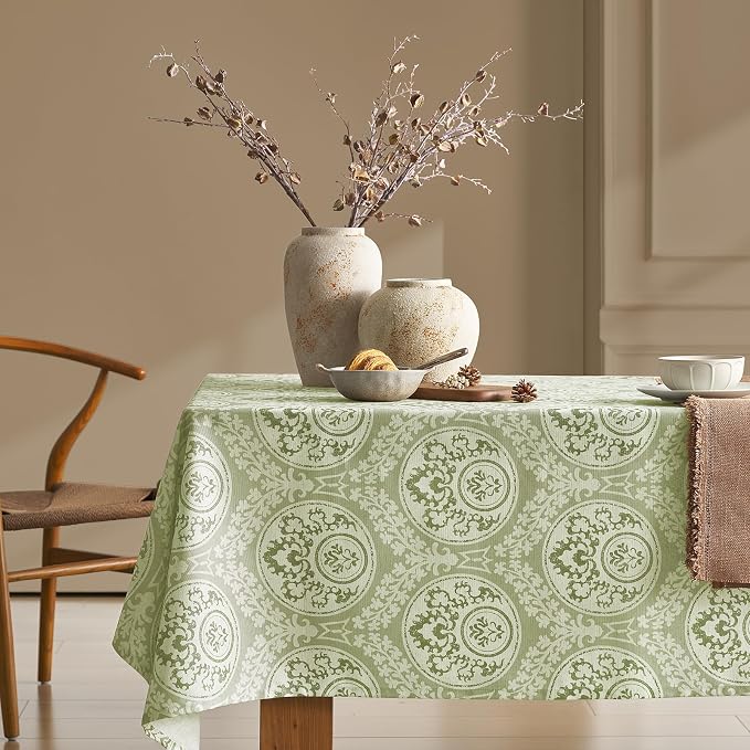 Vintage Green Floral Rectangle Tablecloth: Linen Printed Farmhouse Table Cloth - Damask Patterned on Burlap Textured Fabric Outdoor Table Cover for Kitchen,Dining,Party,Picnic Decor, 55x102 Inch