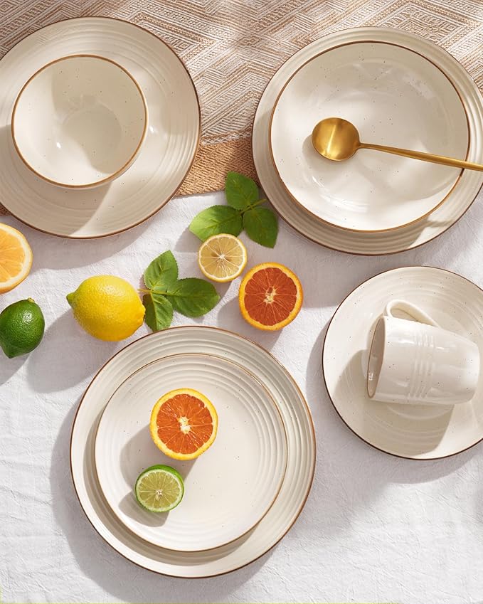 Famiware Jupiter 16-Piece Stoneware Dinnerware Ses - Includes Pasta Bowl & Dinner Plate, Handcrafted Dishes with Speckles & Embossed Swirls, Chip & Scratch Resistant, Service for 4, Vanilla White