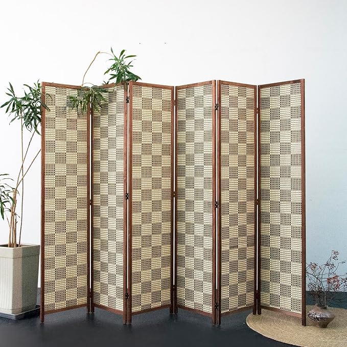 Furnnylane 6 Panel Bamboo Room Divider – 5.6 ft Tall Double-Sided Folding Privacy Screen, Freestanding Wall Partition for Home Office & Bedroom, Gray Brown Woven Texture, Easy Setup (67" H x 94.5" W)