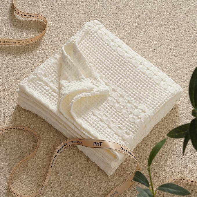 PHF 100% Cotton Waffle Weave Throw Blanket, Soft Lightweight Breathable Cozy Throws for Couch Bed Sofa, Luxury Aesthetic Blanket Gift for Home Decor & Office, 50"x60", Ivory