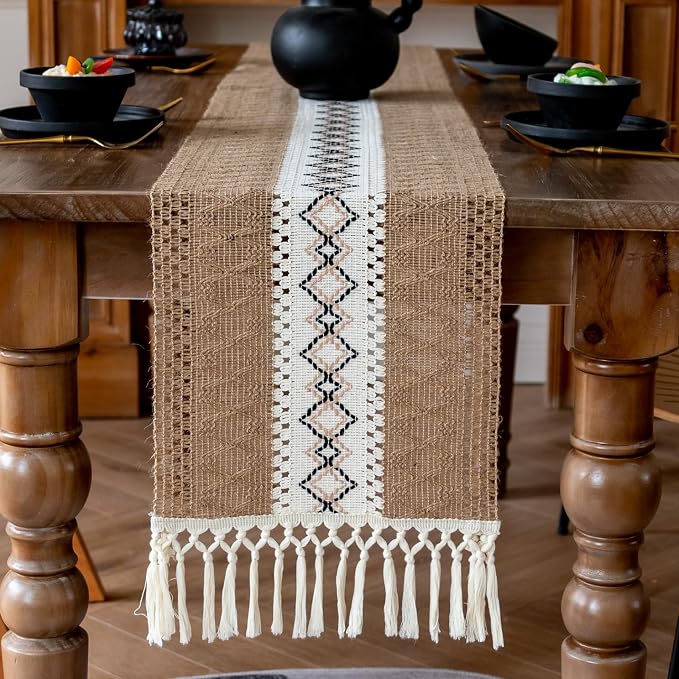 EMMTEEY Macrame Table Runner Boho Style - Scratch & Heat Resistant, Hexagonal Grid Cotton Linen Table Runner with Tassels for Home Decor/Bedroom (12"X36", Brown White)