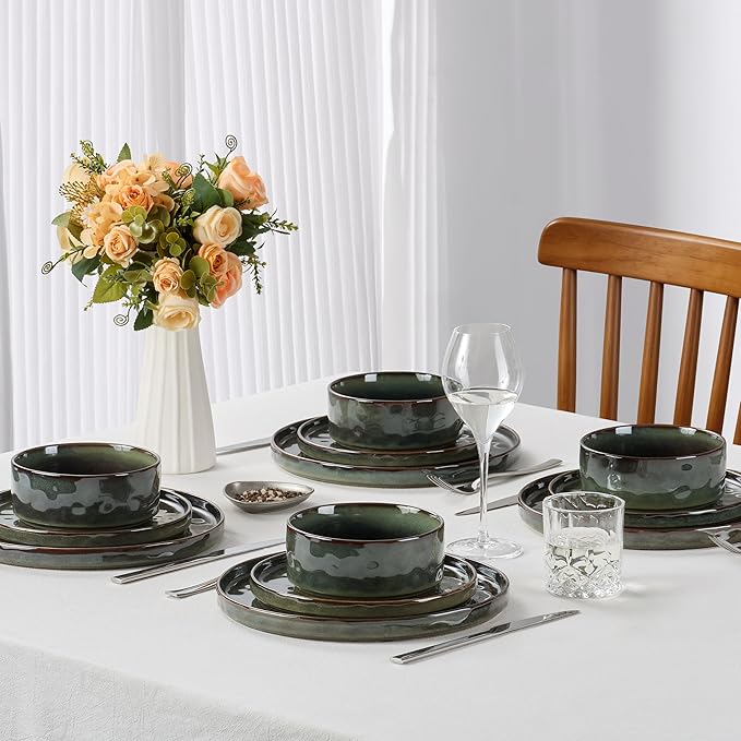 LIANYU Stoneware Dinnerware Set, 6 Piece Plates and Bowls Sets for 2, Ceramic Dish Set Includes Dinner Salad Plates, Cereal Bowls, Microwave & Dishwasher Safe, Moss Green