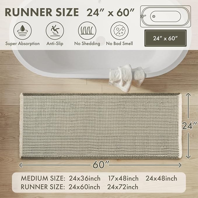MIULEE Waffle Bathroom Runner Rugs, Super Absorbent Non Slip Bath Rug, Soft Quick Dry Washable Boho Large Bath Mat with Tassels for Hallway Laundry Room Bedroom, 2'x5' (24"x60"), Green & Cream