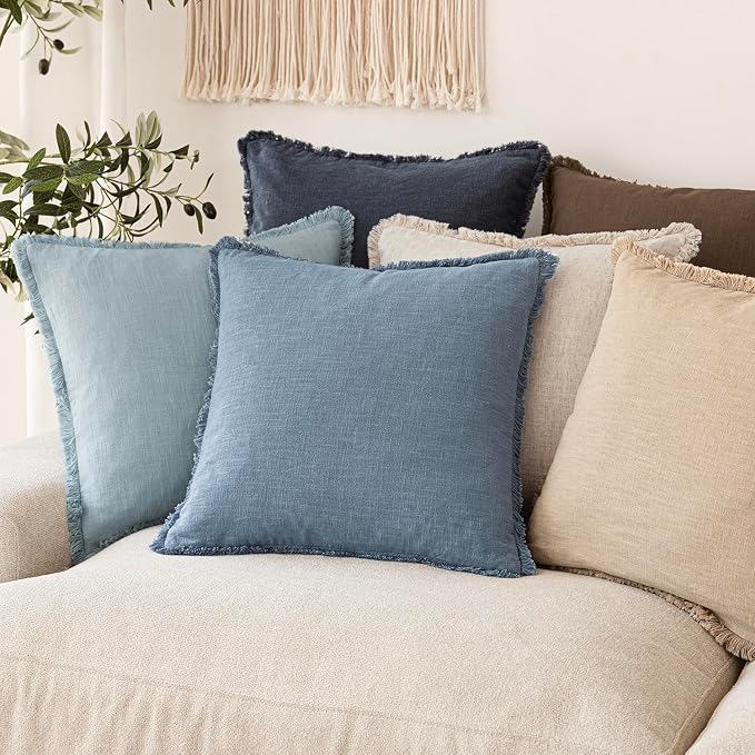 Foindtower Set of 2 Decorative Linen Fringe Throw Pillow Covers Cozy Boho Farmhouse Cushion Cover with Tassels Soft Accent Pillowcase for Couch Sofa Bed Living Room Home Decor, 22×22 Inch, Misty Blue