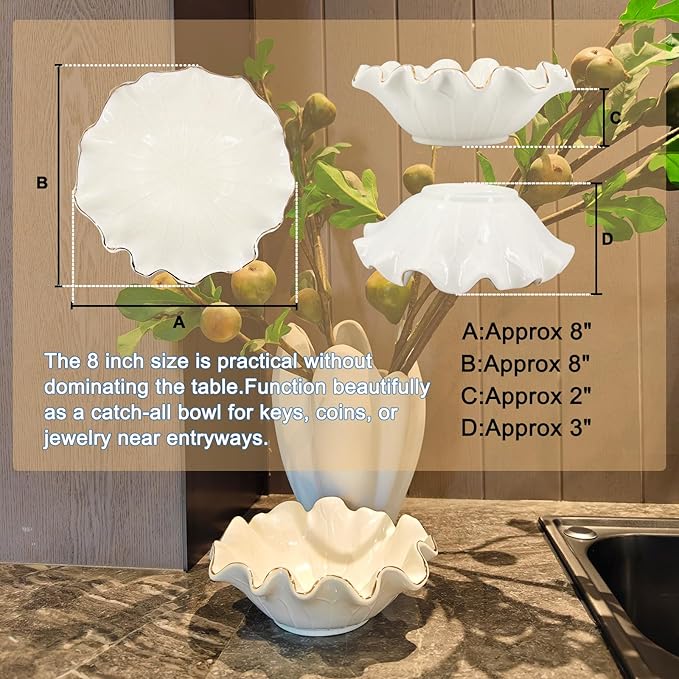 8 Inch Small Lotus Ceramic Decorative Bowl, about15 oz Capacity, Modern Ruffle Lotus Leaf with Gold TrimDesign,Decorative Centerpiece for Entryway Tables, Coffee Tables,Kitchen Counters