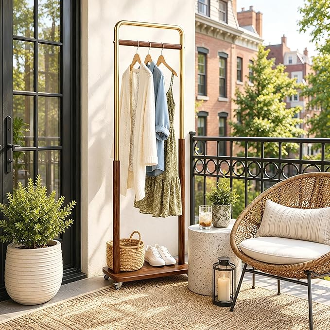 Taitiy Clothes Rack Solid Wood Coat Rack, Metal and Solid Wood Combination Clothing Rack with Wheels for Entryway, Bedroom, Living Room, Coat Racks Freestanding for Hanging Clothes Garment Scarf
