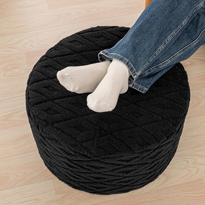 Fluffy Round Ottoman Pouf with All-in-One Foam Filling 20" x 14" Furry Ottoman Foot Rest Foot Stool for Living Room or Bedroom (Black)