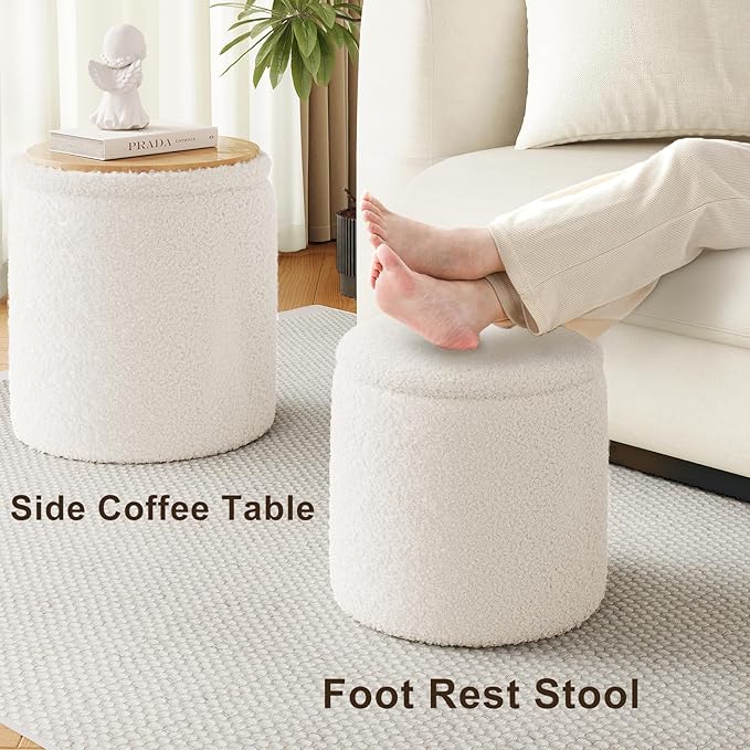 Round Boucle Ottoman with Storage Set of 2, White Ottoman Poufs for Living Room, Sherpa Storage Ottoman Stool, Cute Teddy Foot Rest, White Makeup Vanity Stool Chair, Small Coffee Table
