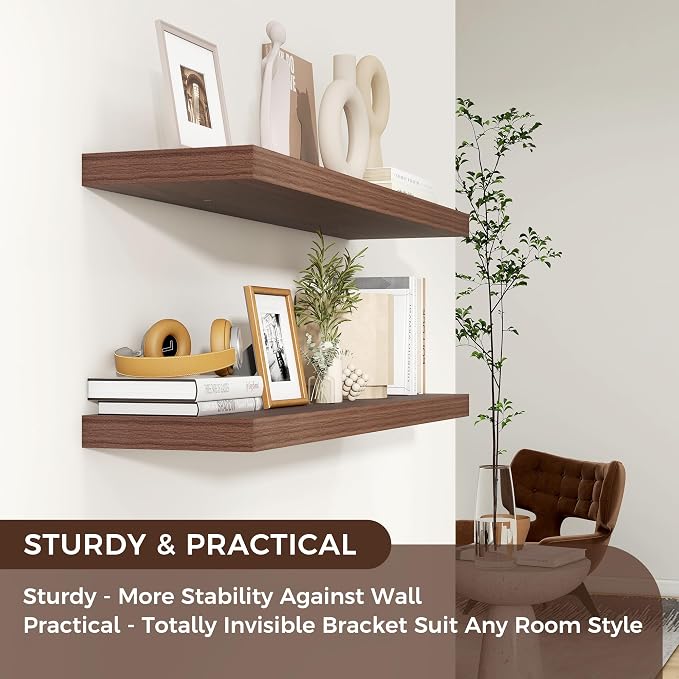 Venusmiles Floating Shelves for Wall 36 inch Long, Engineered Wood Wall Shelves with Invisible Brackets for Living Room Bedroom Bathroom Office Kitchen Decor and Storage, Walnut Finish, Set of 2