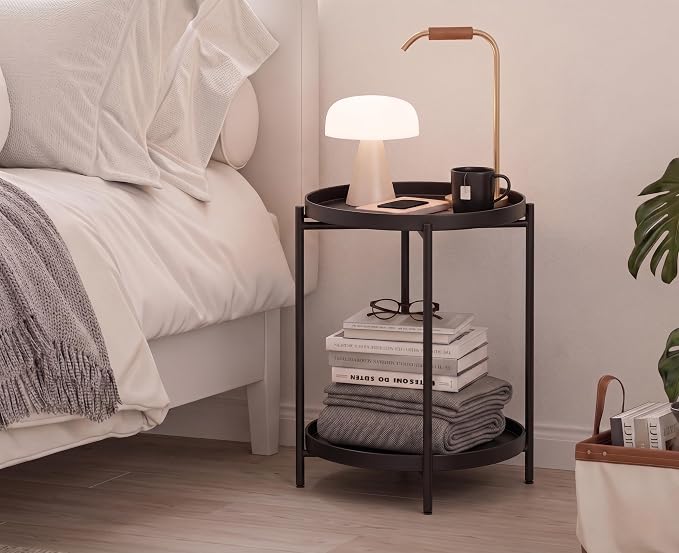 TeoKJ 2 Tier Round Side Table, Folding Round Metal End Table Small Nightstand with Two Removable Tray for Bedroom Living Room Bedside Small Spaces Black