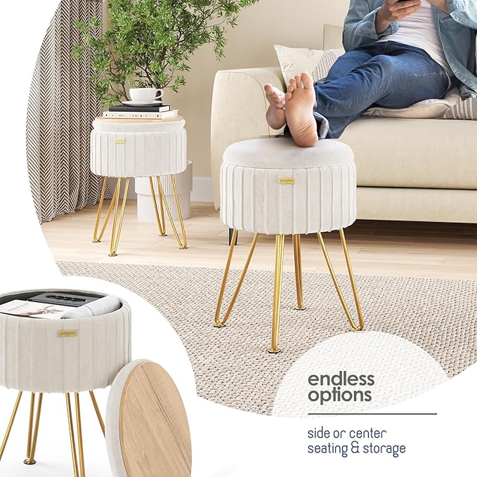 Round Ottoman with Storage, Pleated Velvet Storage Ottoman, Foot Stool Ottomans, Makeup Vanity Stool, Small Ottomans Foot Rest, Modern Vanity Stools for Living Room and Bedroom, Cream