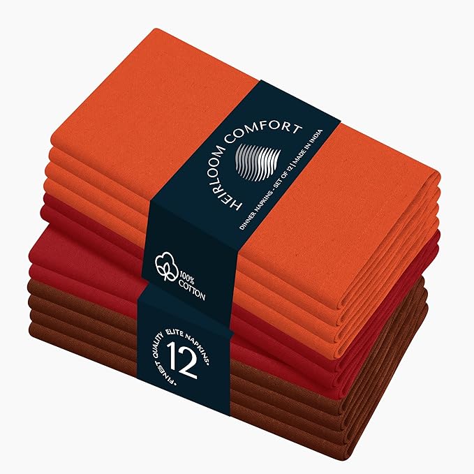 Multi Color Cloth Napkins 17x17 Inch - Set of 12-100% Cotton, Soft - Perfect Hotel Quality Napkin for Table, Dinner, Weddings, Everyday Dining - Orange, Red, Brown