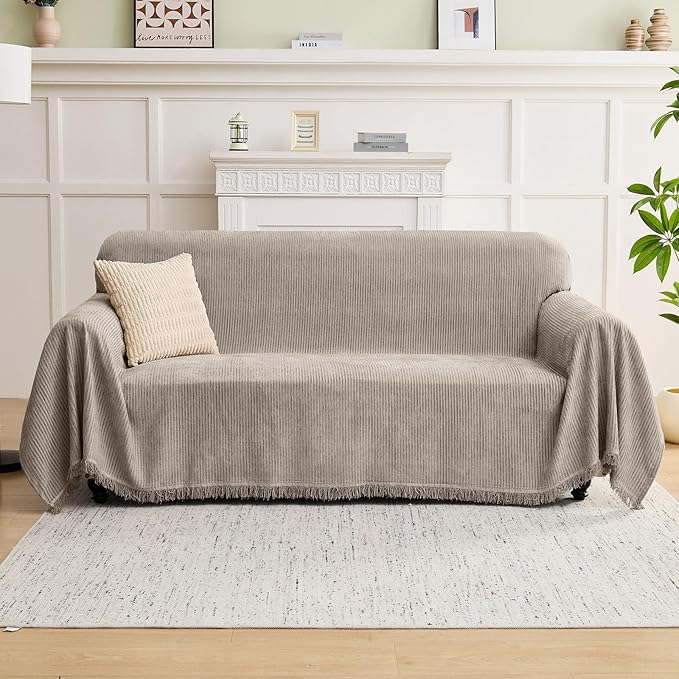 LOMAO Couch Cover Sofa Covers for 3 Cushion Sectional Couch Covers L Shape Couch Cover with Tassel Sofa Protector Washable Reversible Chenille Sofa Slipcover for Pet (Khaki,XLarge（71 * 134)