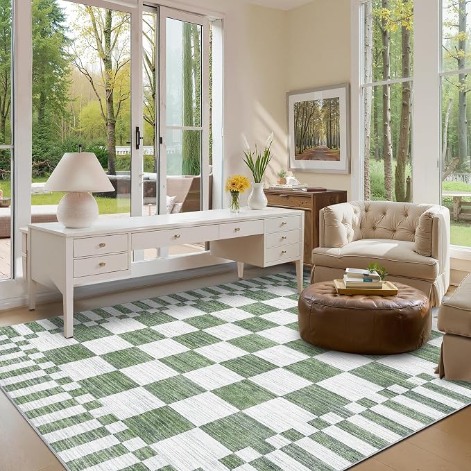 GarveeHome Sage Green Checkered Rug 4×6 Area Rugs for Living Room，Non-Slip Washable Rug Soft Low-Pile, Neutral Modern Farmhouse Geometric Rugs for Bedroom Dining Room Office