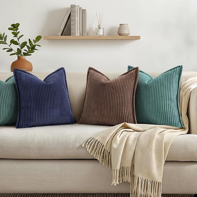 decorUhome Summer Corduroy Dark Navy Throw Pillow Covers 20x20 Set of 2 Decorative Soft Boho Farmhouse Couch Pillow Covers for Living Room Bed Sofa Broadside Striped Pillow Cases