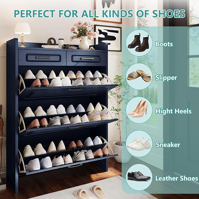 Shoe Cabinet with 3 Large Flip Drawers and 2 Storage Drawers, Narrow Shoe Organizer Cabinet Fits for Kinds of Shoes, Hidden Shoe Storage Cabinet for Entryway, Hallway, Blue
