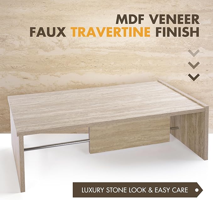 Hyfirm Faux Travertine Coffee Table for Living Room: Rectangular Minimalist Coffee Table with Sturdy Frame Contemporary Accent Tables for Office Apartment Family Room Center Table (Natural Beige)